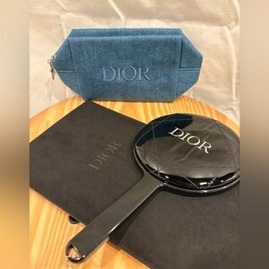 Dior Denim Blue Pouch and Glossy Black Mirror Set